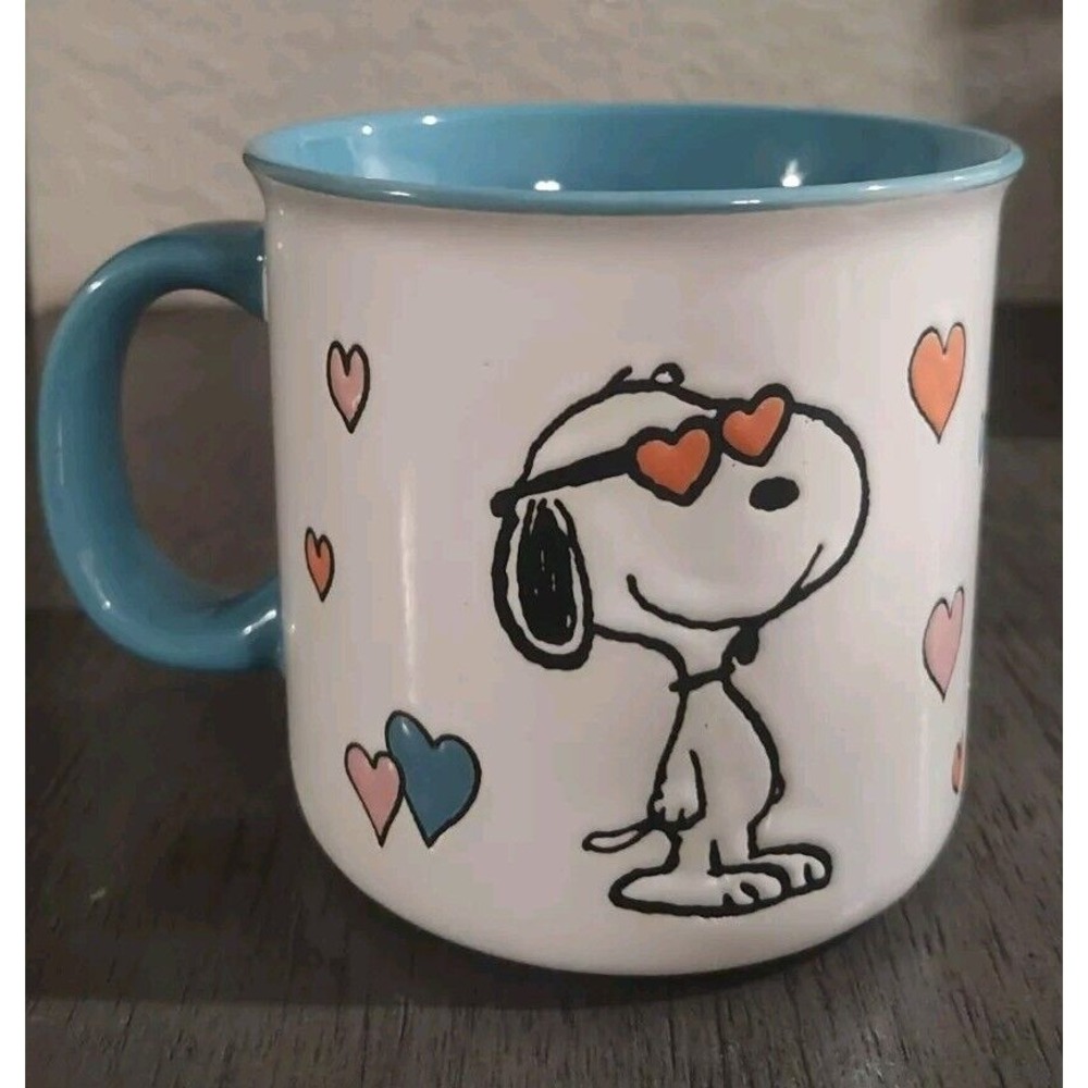 Peanuts Snoopy Mother's Love Hearts Coffee Mug Blue Orange Pink Flower 21oz